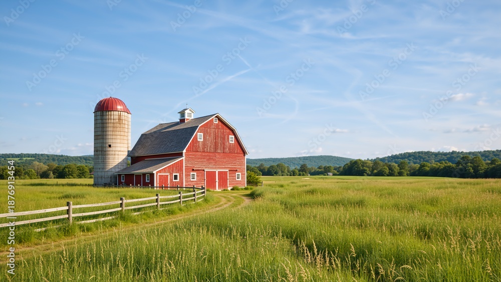 Obraz premium A traditional red barn and silo in a rural farm landscape. Idyllic countryside scene with a grassy field under a sunny blue sky. American agriculture concept