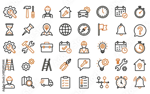 Maintenance, Scheduling and Location Line Icon Vector Set, maintenance icons, tool icons, repair icons, calendar icons, clock icons, schedule icons, location pin icons, map marker icons, 