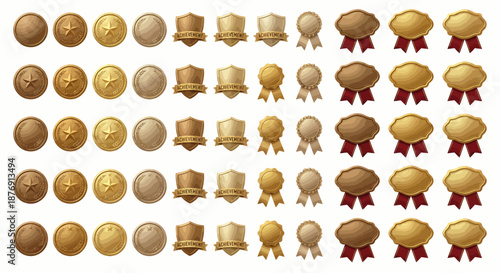Collection of golden badges and awards with red ribbons.