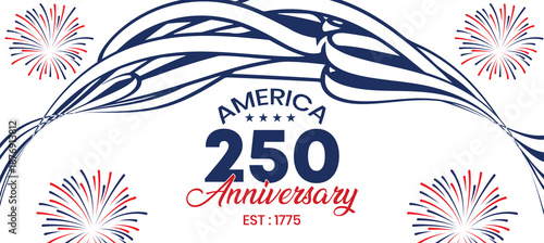 USA 250 Anniversary Festive Banner with Fireworks, Flowing Flag Curves and Patriotic Red Blue Abstract Design