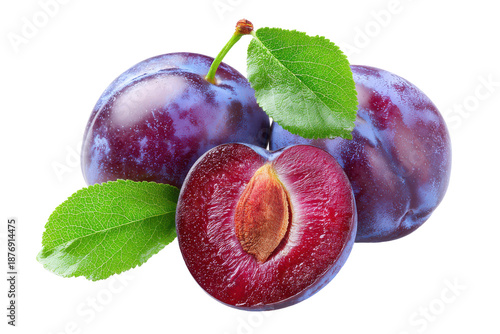 Fresh ripe plums with leaves isolated on transparent background. Ripe plum with leaf and cut half isolated on white background.