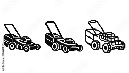 Set of three lawn mower icons in modern linear, retro pixel, and bold silhouette styles