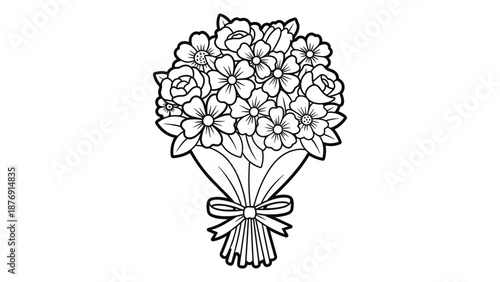 Elegant bouquet of flowers in black and white outline with ribbon bow