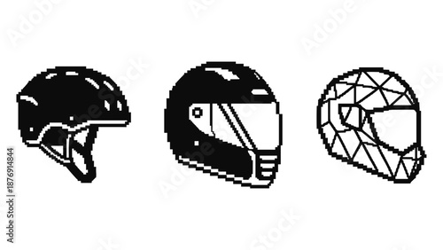 Pixel art motorcycle helmet collection: classic, modern, geometric designs