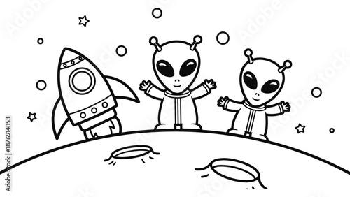 Playful cartoon aliens and rocket on a planet surface with stars