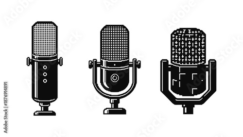Retro microphones set: vintage audio equipment in monochrome style