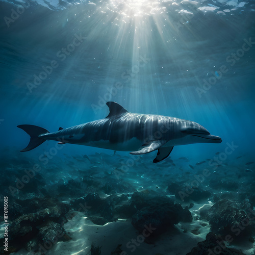A majestic dolphin gracefully navigates the clear blue depths of the ocean, bathed in spectacular sunrays that pierce through the surface, highlighting the vibrant underwater landscape