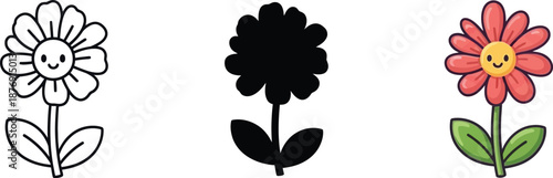 A delightful collection of cartoon flower illustrations showcasing outline, silhouette, and vibrant color styles