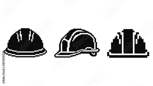 Pixel art construction helmets set in monochrome