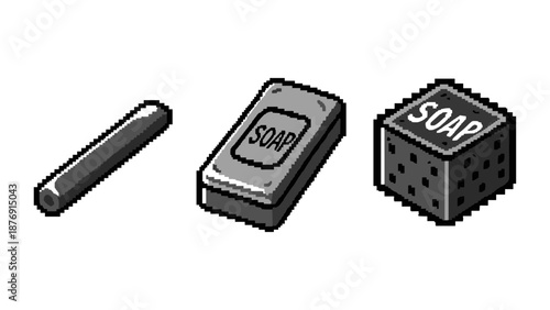 Pixel art soap collection: classic bar, dish, and cube design