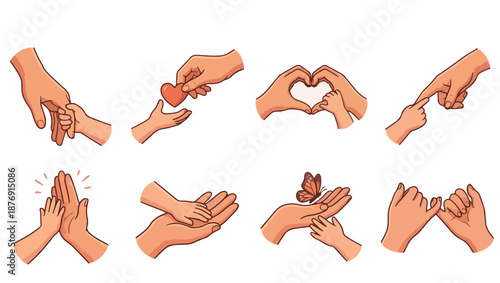 Heartwarming Parent-Child Hand Gesture Illustration Pack, adult and child hands, hand gestures, parent child connection, care and love, guidance, supportive touch, high five, holding hands, 