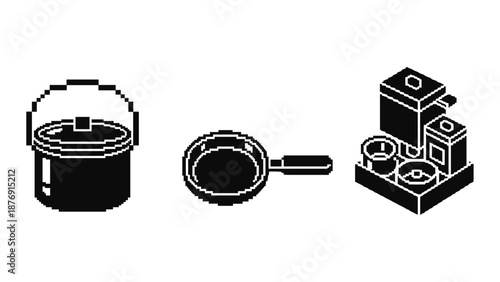 Retro pixel art kitchenware: pot, pan, and coffee maker in black and white