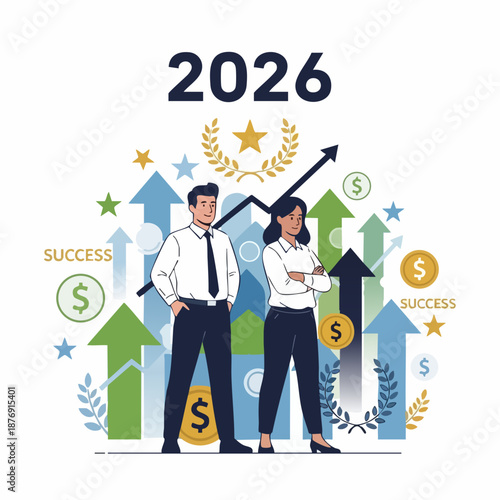 Business professionals celebrating success and growth in the year 2026 with financial gains