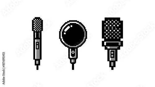 Retro pixel art microphones set: vintage music icons in 8-bit style