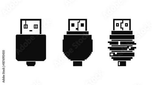 Set of usb cable pixel art icons on white background