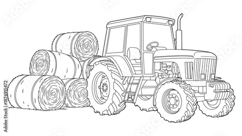 Outline drawing of tractor with hay bales in rural farm scene