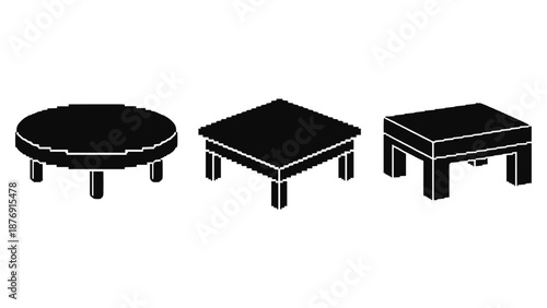 Pixel art furniture set featuring round, square, and rectangular tables in black and white