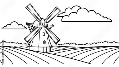 Linear windmill on countryside farm with cloudy sky in outline style