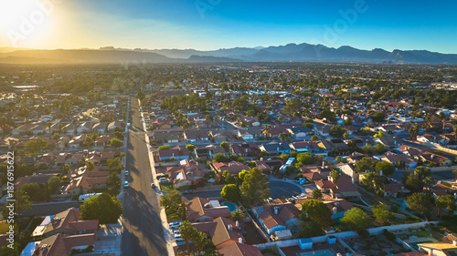 Aerial Las Vegas Residential Neighborhood Mountain View at Golden Hour