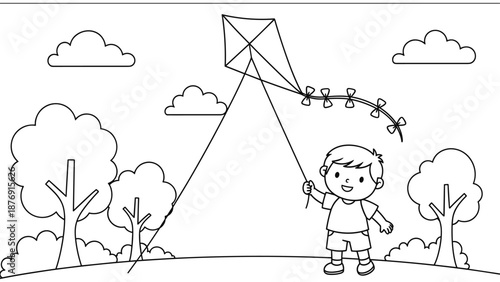 Cute child flying kite in sunny park - coloring page for kids