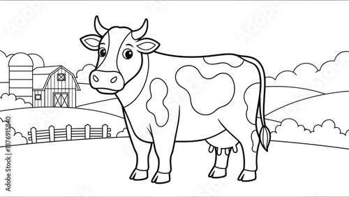 Cute cow coloring page with farm background for kids and adults