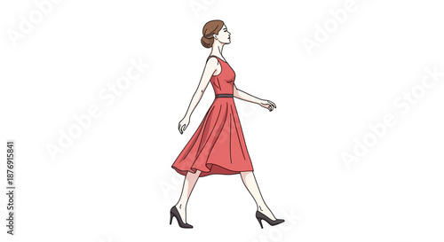 Woman Walking in Red Dress Illustration.