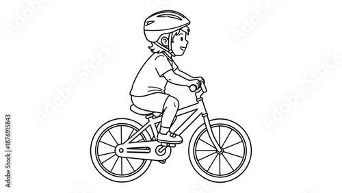 Happy child riding a bicycle with helmet in outline style