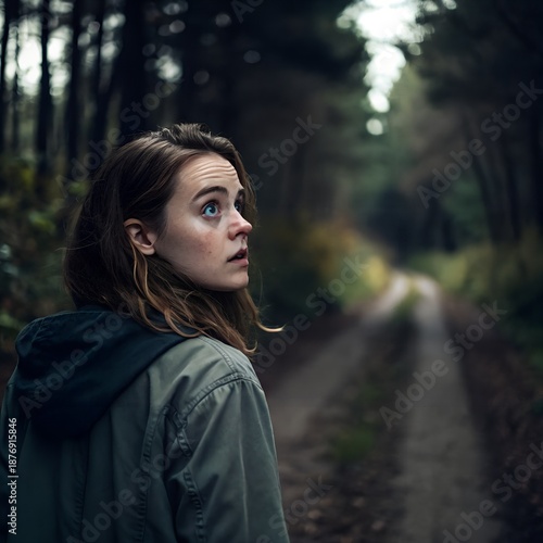 Woman Standing Alone on a Forest Path, Looking Back Nervously