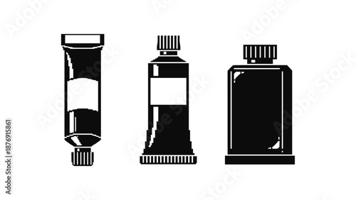 Minimalist black and white art supply tubes in retro style