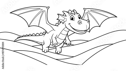 Adorable smiling dragon outline with wings in cartoon style
