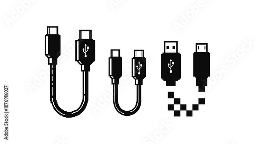 Pixel art usb cables: retro style technology icons