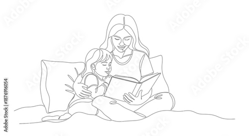 Mother Reading Book to Daughter on Bed.