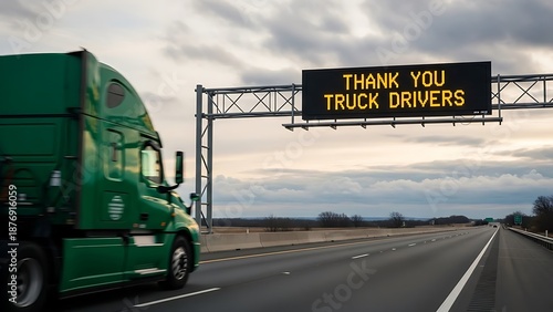Green semi truck driving on highway under sign thanking truck drivers on cloudy day road thank you sign