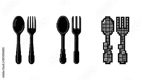 Retro and modern cutlery designs: pixel art, minimalist, and futuristic styles