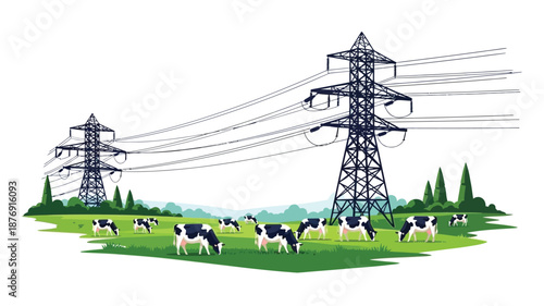 electric power lines and towers in a green field with cows grazing