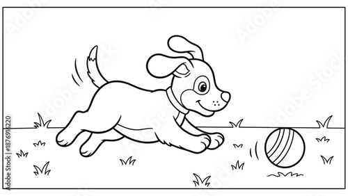 Cute puppy playing with ball in black and white coloring page