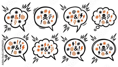 Comic Censored Speech and Thought Bubble Icon Vector Set, censored speech bubbles, comic swearing symbols, cartoon expletive icons, angry expression graphics, symbolic curse bubbles, 