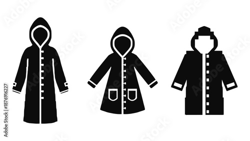 Minimalist black hooded raincoats set in silhouette style
