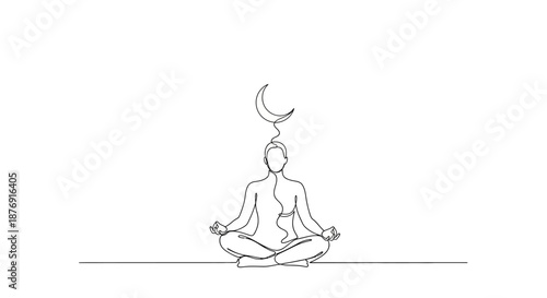 Woman Meditating in Lotus Position with Crescent Moon.