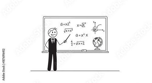 Man in Suit Standing Pointing at Whiteboard with Equations.