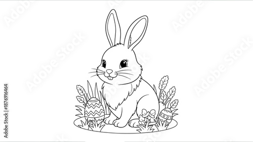Spring bunny with easter eggs and flowers coloring page for kids