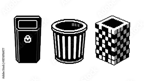 Retro pixel art trash cans collection for creative design projects