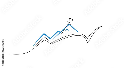 Simple Line Drawing of Climber on Mountain Peak.