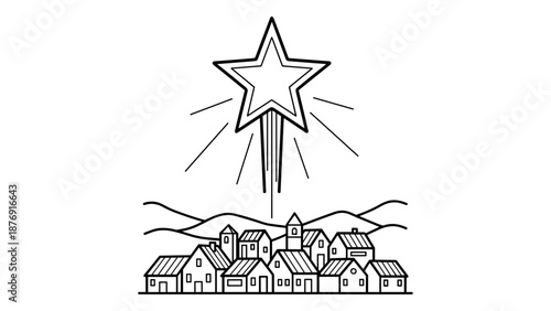 Minimalist nativity scene with radiant star and village landscape