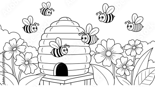 Whimsical bees and beehive coloring page for kids