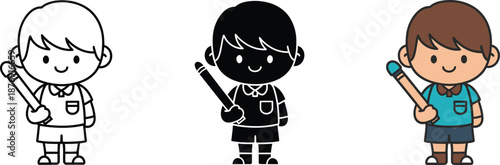 Cute cartoon boy drummer illustration in outline, silhouette, and colored versions holding a drumstick
