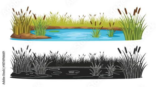 a pond with cattails and grasses in a natural setting