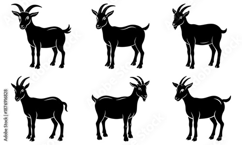 Six black goats with curved horns on white background silhouette 1