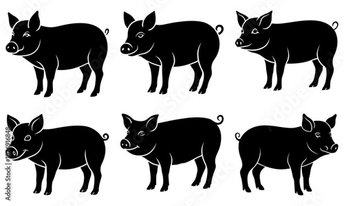 Six black pig silhouettes on white background pigs