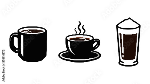 Minimalist coffee cups: hot beverage icons in black and white design